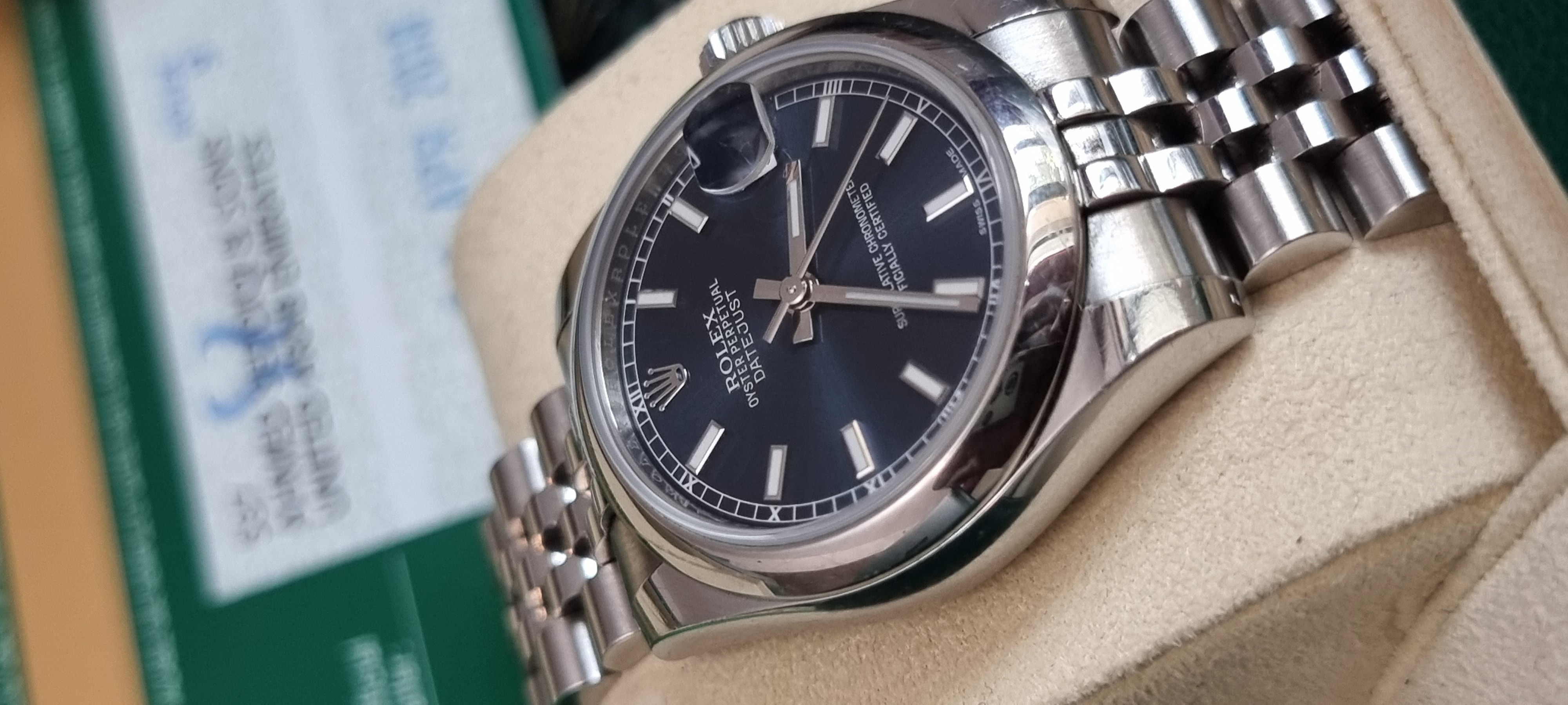Rolex Date just Blue stick dial. 2018 full set. Jubilee Bracelet. view 8