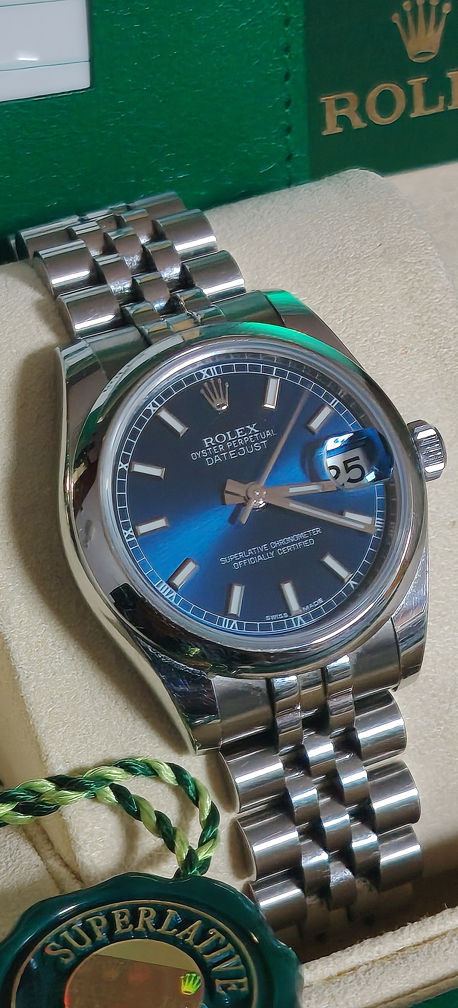 Rolex Date just Blue stick dial. 2018 full set. Jubilee Bracelet. view 4