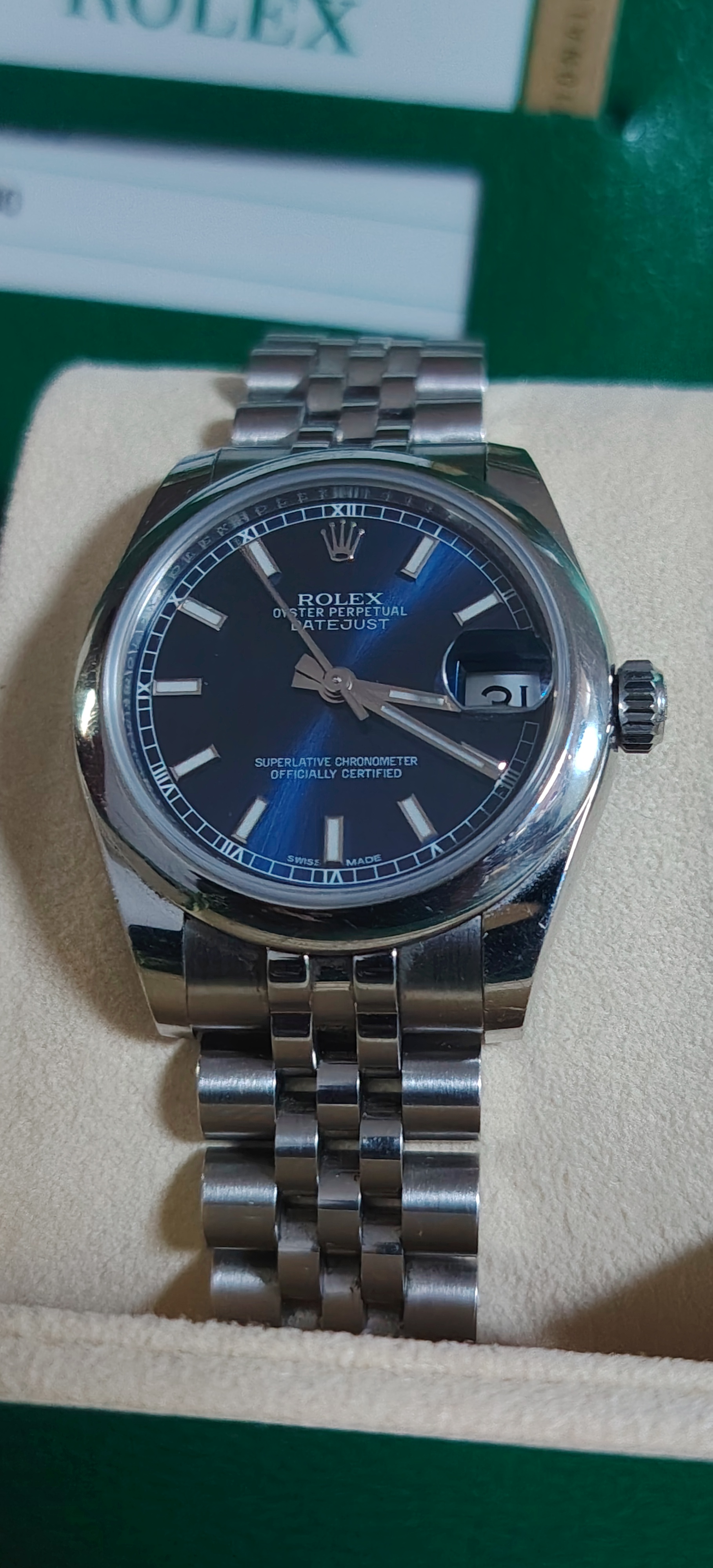 Rolex Date just Blue stick dial. 2018 full set. Jubilee Bracelet. view 5