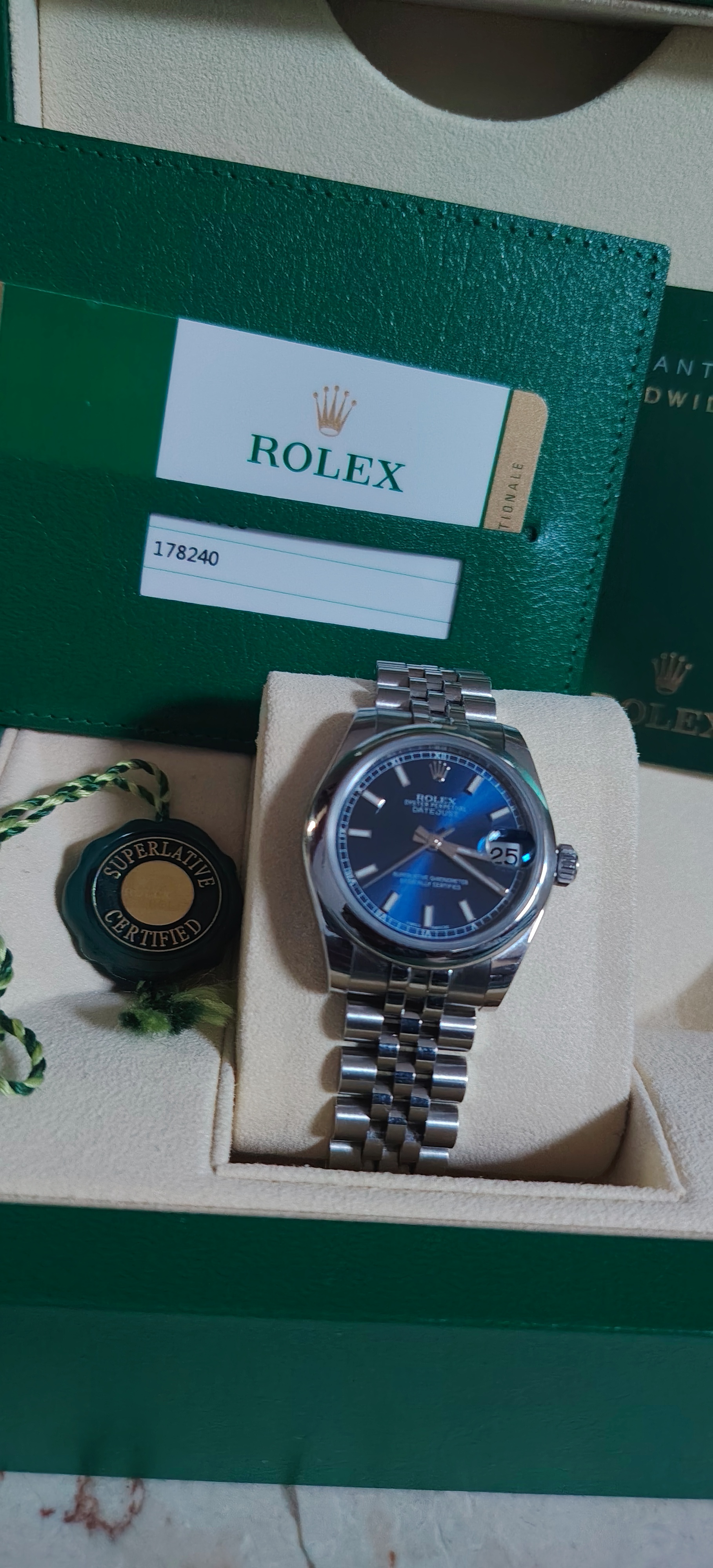 Rolex Date just Blue stick dial. 2018 full set. Jubilee Bracelet. view 2